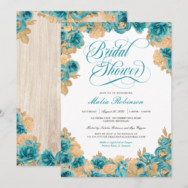 Teal and Gold Roses Elegant Floral Bridal Shower Invitation (Front/Back)