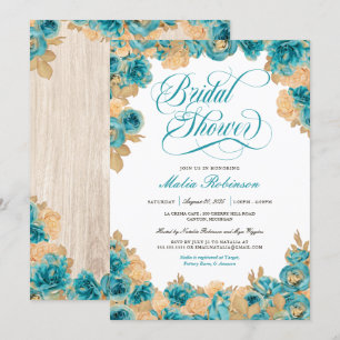 Teal and Gold Roses Elegant Floral Bridal Shower Invitation
