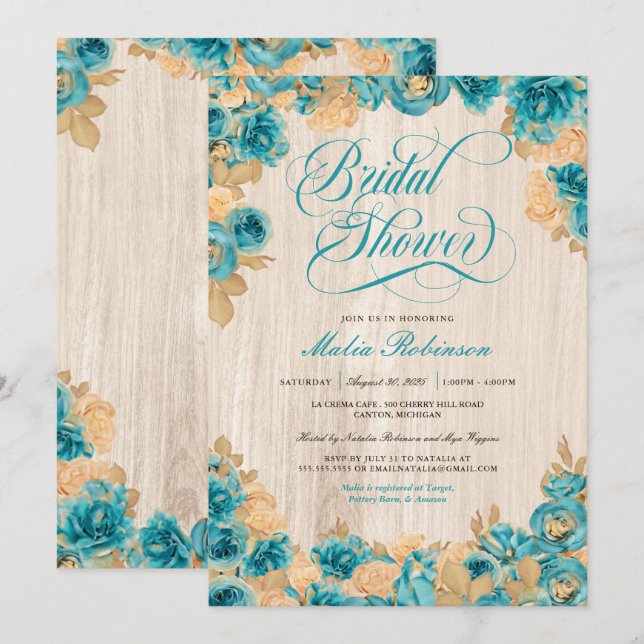 Teal and Gold Roses Elegant Rustic Bridal Shower Invitation (Front/Back)