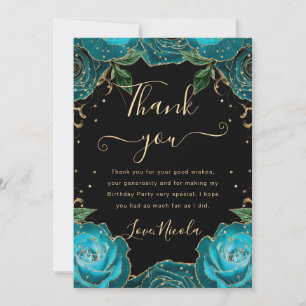 Teal and Gold Roses Floral Birthday Thank You Card