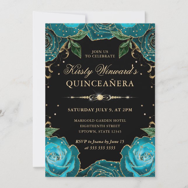 Teal and Gold Roses Floral Quinceanera Invitation (Front)