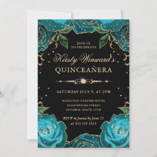 Teal and Gold Roses Floral Quinceanera Invitation
