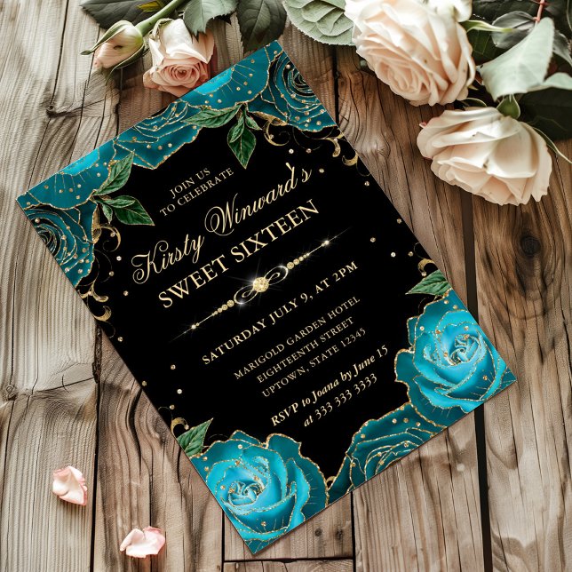 Teal and Gold Roses Floral Sweet Sixteen Invitation (Creator Uploaded)