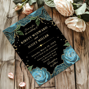 Teal and Gold Roses Floral Wedding Invitation