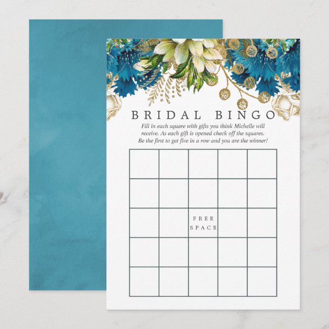 Teal and Gold Shabby Bridal Shower Bingo Invitation (Front/Back)