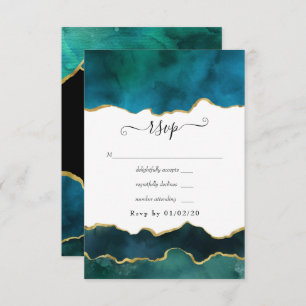 Teal and Gold Strata Agate Wedding RSVP Card