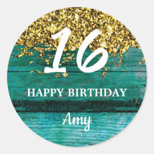 Teal and Gold Sweet 16 Birthday Party Favor  Classic Round Sticker