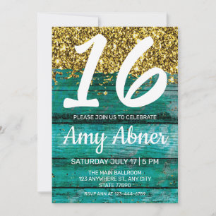 Teal and Gold Sweet 16 Birthday Party  Invitation