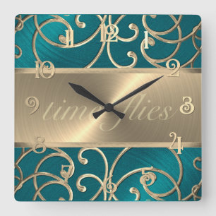 Teal and Gold Time Flies Clock