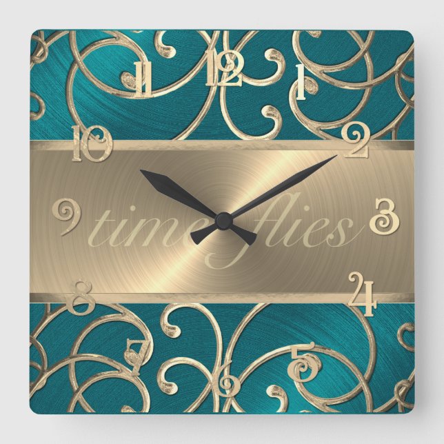 Teal and Gold Time Flies Clock (Front)