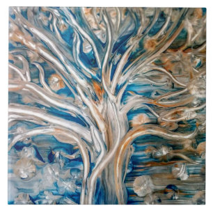 Teal and Gold Tree Tile