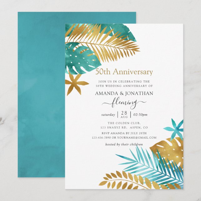 Teal and Gold Tropical 50th Wedding Anniversary Invitation (Front/Back)
