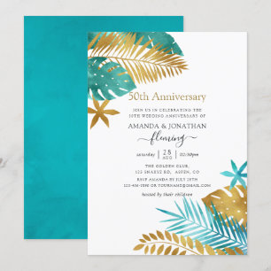 Teal and Gold Tropical 50th Wedding Anniversary Invitation