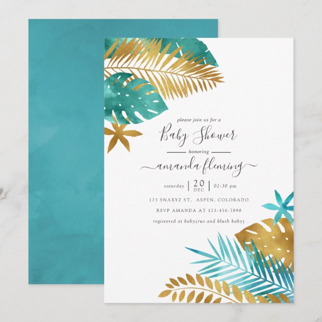 Teal and Gold Tropical Baby Shower Invitation (Front/Back)