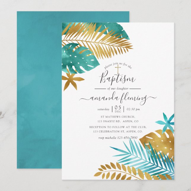 Teal and Gold Tropical Baptism Invitation (Front/Back)