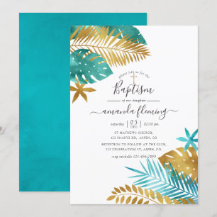 Teal and Gold Tropical Baptism Invitation