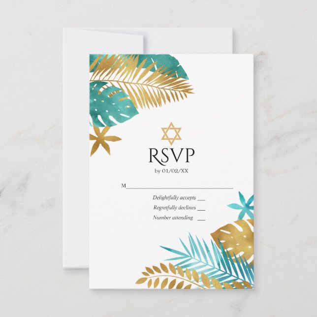 Teal and Gold Tropical Bat Mitzvah RSVP Card (Front)