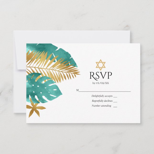 Teal and Gold Tropical Bat Mitzvah RSVP Card (Front)
