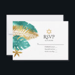 Teal and Gold Tropical Bat Mitzvah RSVP Card<br><div class="desc">Celebrate your Bat Mitzvah with this elegant and modern RSVP card. Featuring a design of teal and gold palm leaves with a prominent Star of David, this card perfectly blends a tropical theme with traditional Jewish elements. Fully customisable, it's ideal for setting the tone for a unique and memorable Bat...</div>