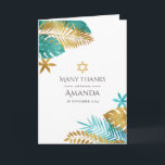 Teal and Gold Tropical Bat Mitzvah Thank You Card<br><div class="desc">Express your gratitude with this elegant thank-you card, perfect for a Bat Mitzvah or Jewish celebration. Featuring a tropical design with teal and gold palm leaves and a Star of David, this card beautifully blends modern style with traditional symbolism. Fully customisable, it's a thoughtful way to thank your guests for...</div>