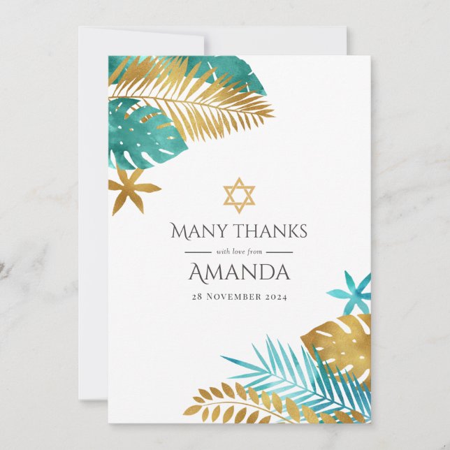 Teal and Gold Tropical Bat Mitzvah Thank You Card (Front)