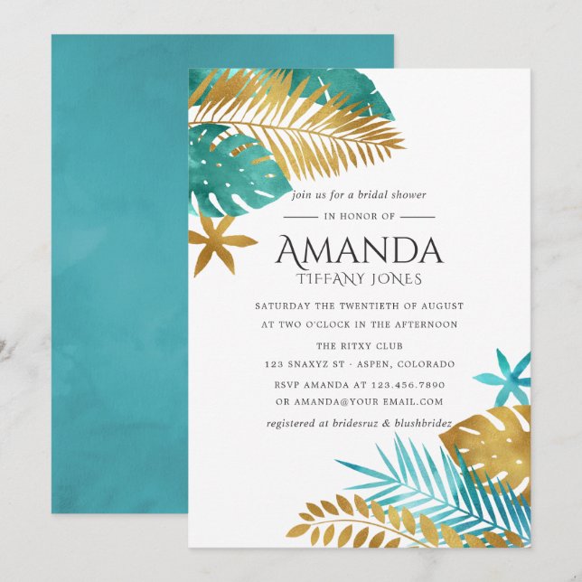 Teal and Gold Tropical Bridal Shower Invitation (Front/Back)