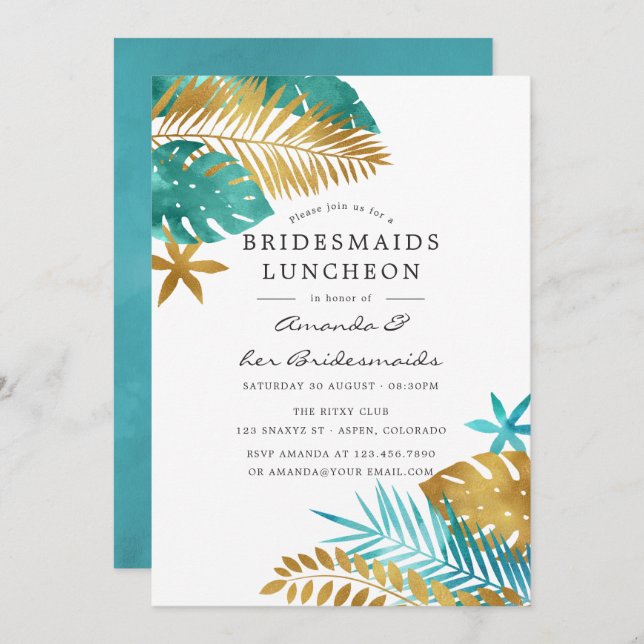 Teal and Gold Tropical Bridesmaids Luncheon Invitation (Front/Back)