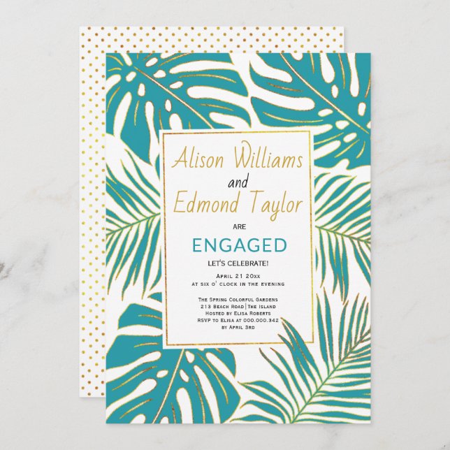 Teal and gold tropical leaves engagement party invitation (Front/Back)
