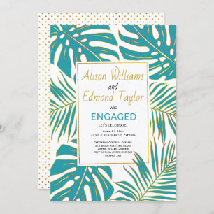 Teal and gold tropical leaves engagement party invitation