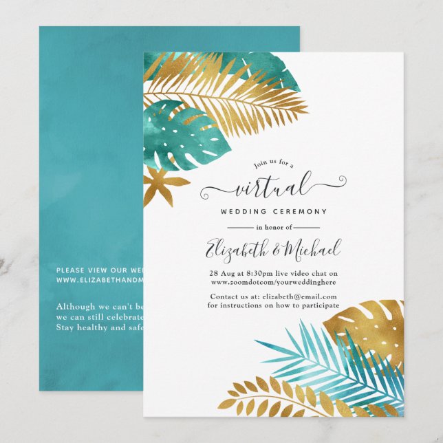 Teal and Gold Tropical Online Virtual Wedding Invitation (Front/Back)