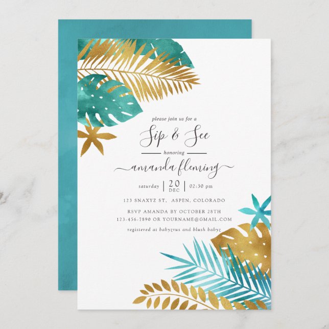 Teal and Gold Tropical Sip and See Invitation (Front/Back)