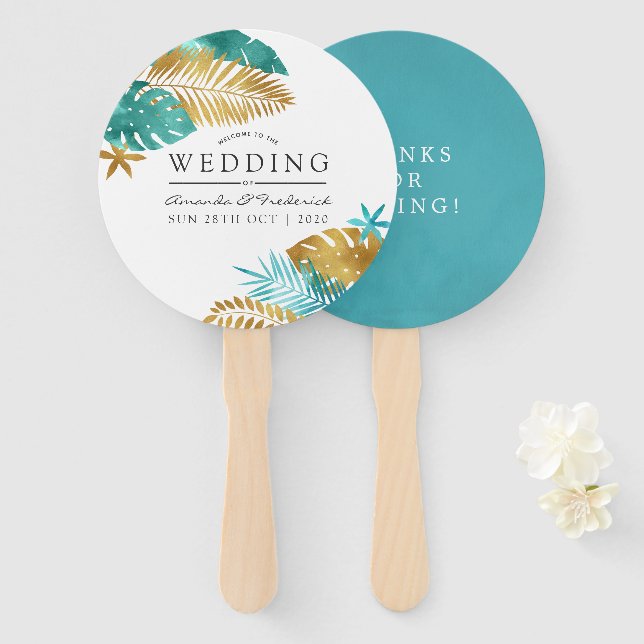 Teal and Gold Tropical Wedding Favour Hand Fan (Front and Back)