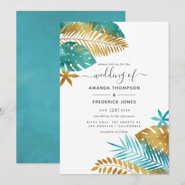 Teal and Gold Tropical Wedding Invitation (Front/Back)