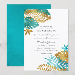 Teal and Gold Tropical Wedding Invitation