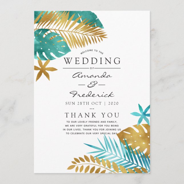Teal and Gold Tropical Wedding Programme (Front)