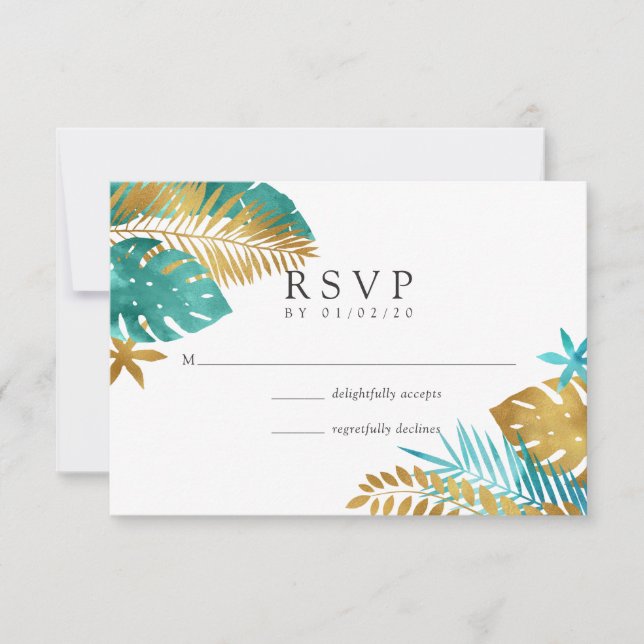 Teal and Gold Tropical Wedding RSVP Card (Front)