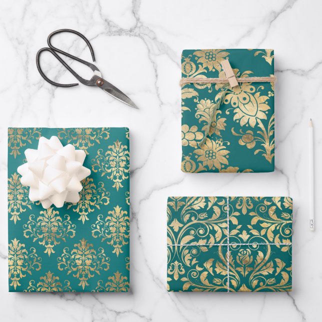 Teal and Gold Vintage Damask Wrapping Paper Sheet (Front)