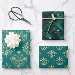 Teal and Gold Vintage Damask Wrapping Paper Sheet