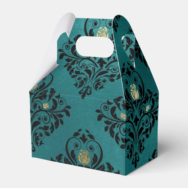 Teal and Gold Vintage Rose Damask Favour Box (Front Side)