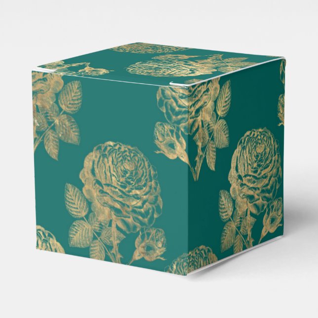Teal and Gold Vintage Roses Favour Box (Front Side)