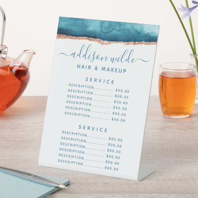 Teal And Gold Watercolor Service Price Pedestal Sign (In SItu)