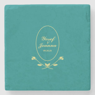 Teal and Gold Wedding Stone Coaster