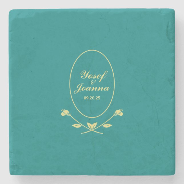 Teal and Gold Wedding Stone Coaster (Front)