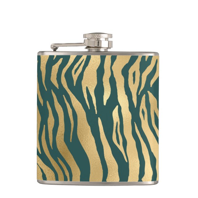 Teal and Gold Wild Animal Print Hip Flask (Front)