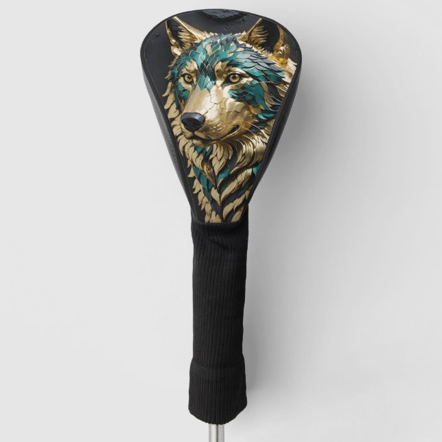 Teal and Gold Wolf Golf Head Cover (Front)