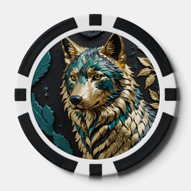 Teal and Gold Wolf Poker Chips (Front)