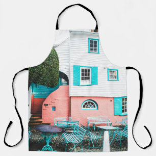 TEAL AND GRAY TABLE AND BENCH BESIDE WHITE AND ORA APRON