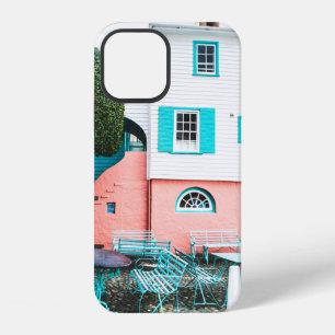TEAL AND GRAY TABLE AND BENCH BESIDE WHITE AND ORA iPhone 12 CASE