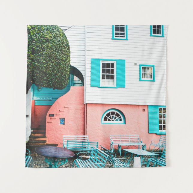 TEAL AND GRAY TABLE AND BENCH BESIDE WHITE AND ORA TAPESTRY (Front)