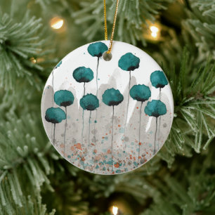 Teal and Gray Watercolor Flowers Ceramic Tree Decoration